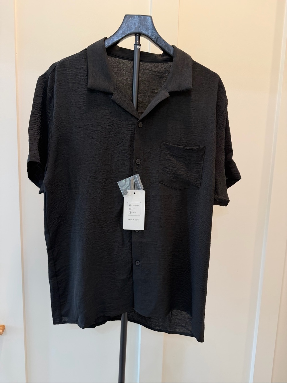 Women's Black Short-Sleeve Button-Down Shirt - Casual Pocket Detail #388